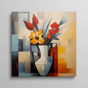 Tableau pot de fleurs abstrait style cubiste couleurs chaudes géométriques, nature morte moderne