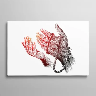 tableau priere islam Tableau prière Islam mains ouvertes invocation douaa dessin trait rouge et noir, art religieux spirituel