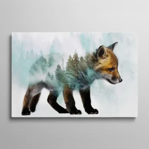 Tableau renard scandinave double exposition forêt et brume, art animalier mystique