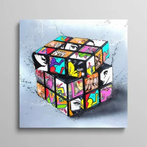 Tableau Rubik's Cube street art graffiti coloré fond gris, ambiance urbaine pop culture