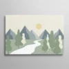 Tableau paysage scandinave minimaliste montagnes et rivière tons verts et gris, illustration nature nordique