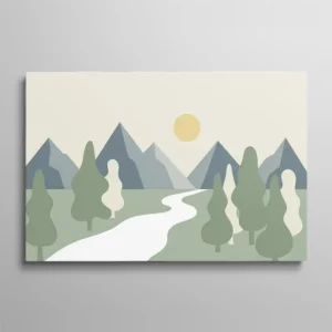 Tableau paysage scandinave minimaliste montagnes et rivière tons verts et gris, illustration nature nordique
