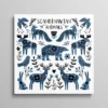 Tableau scandinave animaux forêt bleu et blanc motifs folk nordique, illustration hivernale