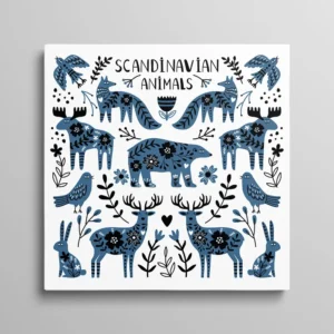 Tableau scandinave animaux forêt bleu et blanc motifs folk nordique, illustration hivernale