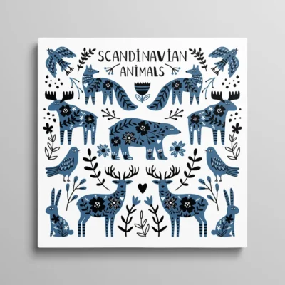 tableau scandinave animaux Tableau scandinave animaux forêt bleu et blanc motifs folk nordique, illustration hivernale