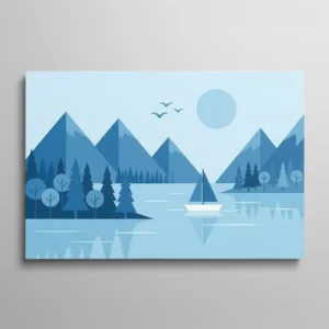 Tableau paysage scandinave bleu lac et montagne voilier minimaliste, illustration géométrique
