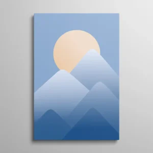 Tableau scandinave montagne dégradé bleu design plat minimaliste, paysage abstrait géométrique