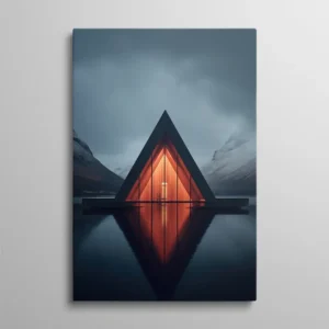 Tableau scandinave triangle cabane architecture moderne sur lac sombre, photographie paysage nordique