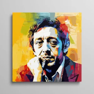 Tableau portrait Serge Gainsbourg style pop art multicolore sur fond jaune