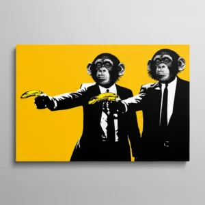 Tableau deux singes costume noir bananes pistolets parodie Pulp Fiction fond jaune