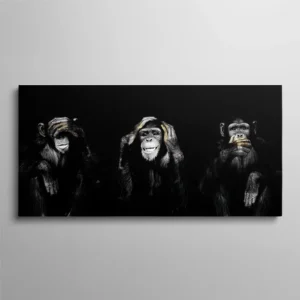 Tableau trois singes de la sagesse noir et blanc mains dorées sur fond noir