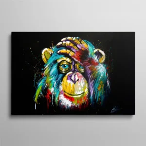 Tableau tête chimpanzé coloré pop art peinture éclaboussures se tenant la tête fond noir