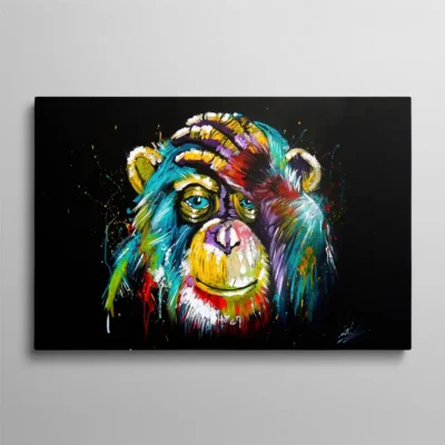 tableau singe pop art Tableau tête chimpanzé coloré pop art peinture éclaboussures se tenant la tête fond noir