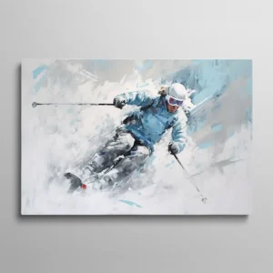 Tableau skieur alpin tenue bleue dévalant piste style peinture dynamique