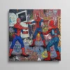 Tableau graffiti mème trois Spiderman se pointant du doigt mur brique