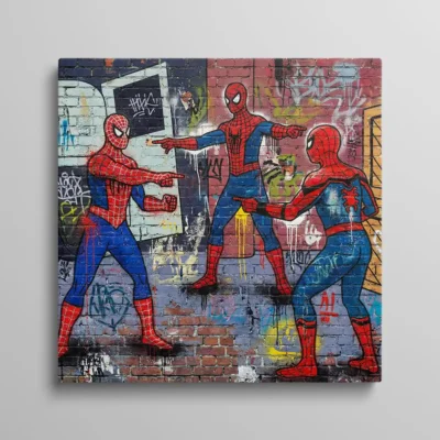 tableau spiderman street art Tableau graffiti mème trois Spiderman se pointant du doigt mur brique