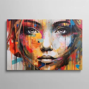 Tableau portrait visage femme gros plan yeux avec coulures peinture multicolore
