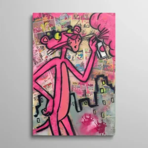 Tableau Panthère Rose taguant mur graffiti sur fond collage comics rose