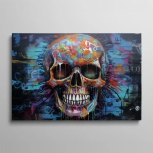 Tableau crâne mexicain multicolore style graffiti sur mur brique sombre