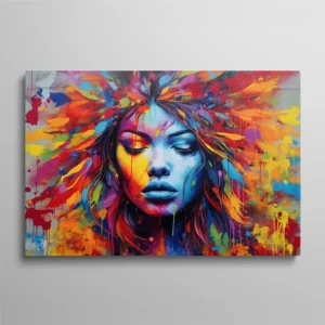 Tableau portrait femme yeux fermés chevelure multicolore style aquarelle explosive