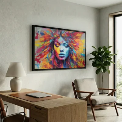 tableau street art visage femme avec cadre flottant Tableau street art visage femme