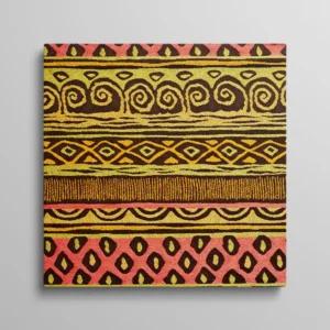 Tableau motifs ethniques africains géométriques jaune rouge marron spirales, façon tissu africain