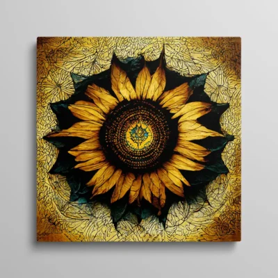 tableau tournesol moderne Tableau tournesol stylisé style mandala doré sur fond texturé sombre