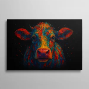 Tableau portrait vache multicolore peinture artistique sur fond noir