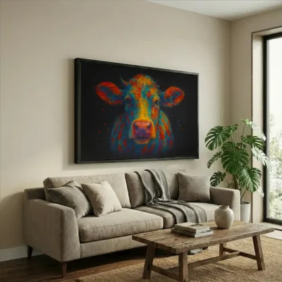 tableau vache pop art avec cadre flottant Tableau vache pop art