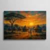 Tableau peinture village africain coucher de soleil orange silhouettes et cases