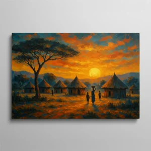 Tableau peinture village africain coucher de soleil orange silhouettes et cases