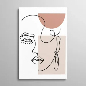 Tableau dessin trait continu visage femme formes géométriques rose et beige