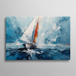 Tableau peinture au couteau voilier voiles blanches orange sur mer bleue