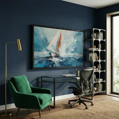 tableau voilier abstrait avec cadre flottant Tableau voilier abstrait
