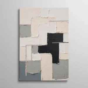 Tableau abstrait au couteau, blocs géométriques texturés blanc gris et noir, peinture impasto contemporaine