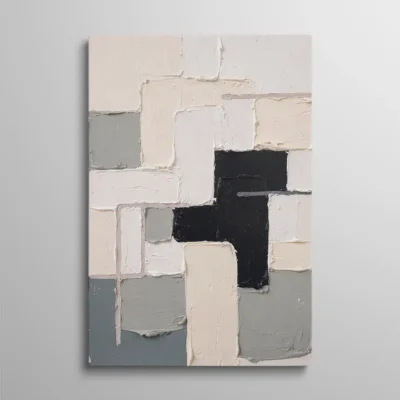 tableau abstrait au couteau Tableau abstrait au couteau, blocs géométriques texturés blanc gris et noir, peinture impasto contemporaine
