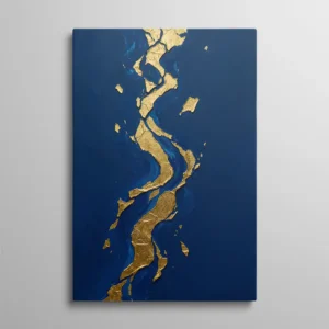 Tableau abstrait bleu et or, rivière de feuille d'or texturée sur fond bleu nuit, peinture contemporaine luxe