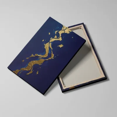 tableau abstrait bleu et or detail toile tendue Tableau abstrait bleu et or