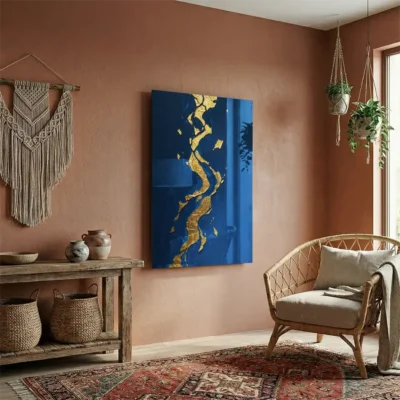 tableau abstrait bleu et or sur plexiglass Tableau abstrait bleu et or