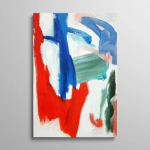 Tableau abstrait bleu et rouge – reproduction de "Ciel abstrait" de Fons Heijnsbroek, 1993, coups de pinceau rouges et bleus sur fond blanc, acrylique sur toile
