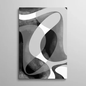 Tableau abstrait noir et blanc – grandes formes biomorphiques courbes qui s'entrecroisent en noir, blanc et gris texturé, style abstraction organique contemporaine