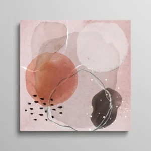 Tableau abstrait rose et gris – formes rondes aquarelle en terracotta, gris beige et brun foncé sur fond rose poudré texturé, traits fins et points blancs, style abstraction aquarelle contemporaine