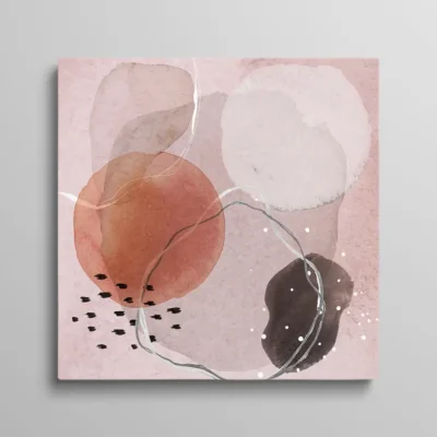tableau abstrait rose et gris Tableau abstrait rose et gris – formes rondes aquarelle en terracotta, gris beige et brun foncé sur fond rose poudré texturé, traits fins et points blancs, style abstraction aquarelle contemporaine