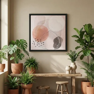 tableau abstrait rose et gris avec cadre flottant Tableau abstrait rose et gris