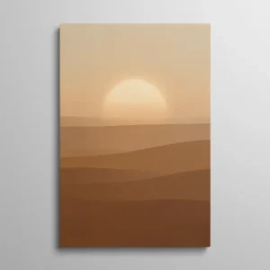 Tableau africain abstrait, paysage désertique minimaliste au coucher de soleil, dégradé sable et terracotta
