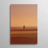 Tableau africain design, silhouette féminine dans un paysage désertique au coucher de soleil, dégradé terracotta et orange