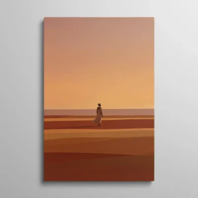 tableau africain design Tableau africain design, silhouette féminine dans un paysage désertique au coucher de soleil, dégradé terracotta et orange