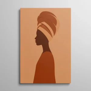 Tableau africain minimaliste, silhouette féminine de profil au turban géométrique, palette terracotta et beige sable