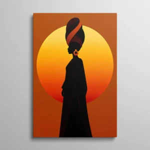 Tableau africain silhouette femme, figure noire au turban devant un soleil orange et rouge, illustration afro-contemporaine