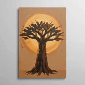 Tableau baobab, peinture expressionniste arbre africain devant un soleil doré, coups de pinceau brun et ocre sur fond sable
